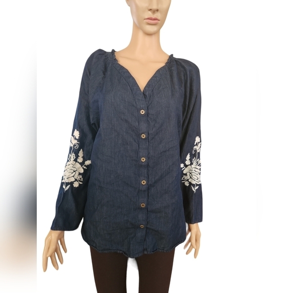 The Skyline Collection 100% Cotton Embroidered Denim Blouse - Picture 1 of 6